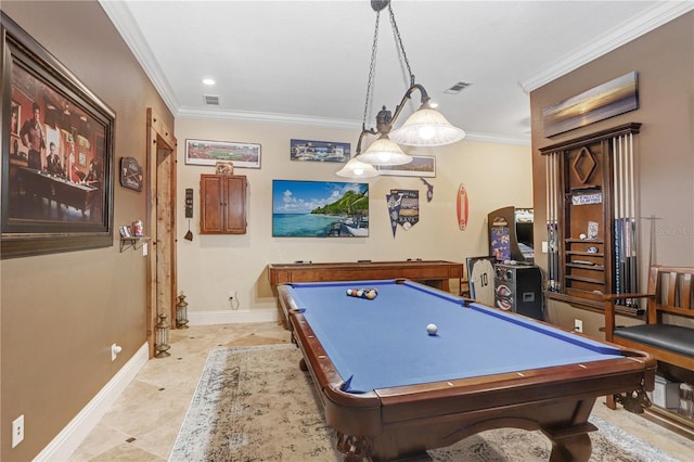 playroom with visible vents, baseboards, crown molding, and pool table