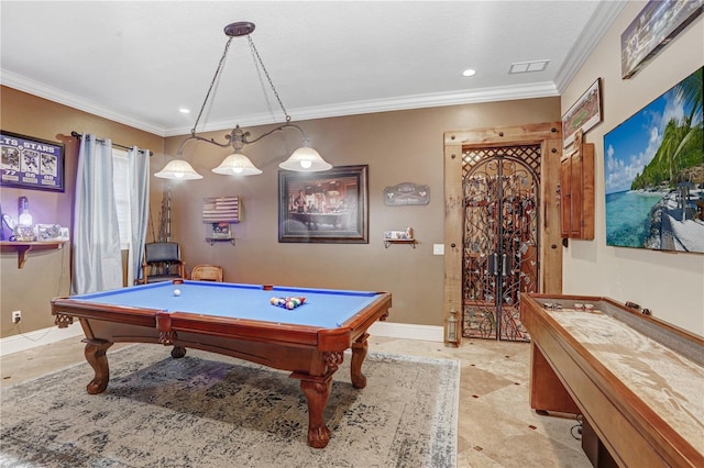 rec room featuring recessed lighting, pool table, visible vents, baseboards, and crown molding