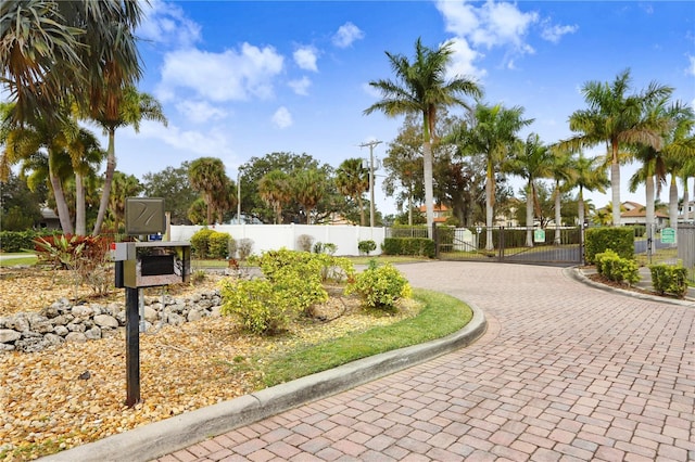 surrounding community with decorative driveway, fence, and a gate