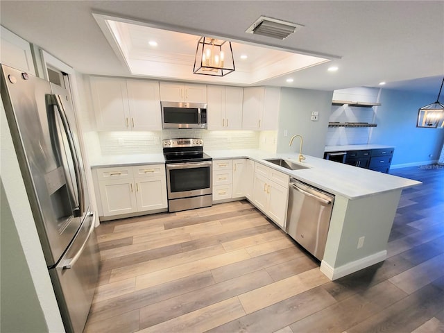 kitchen featuring a tray ceiling, appliances with stainless steel finishes, a sink, and visible vents