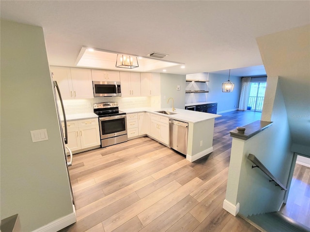 kitchen featuring a peninsula, a sink, light wood-style floors, appliances with stainless steel finishes, and tasteful backsplash