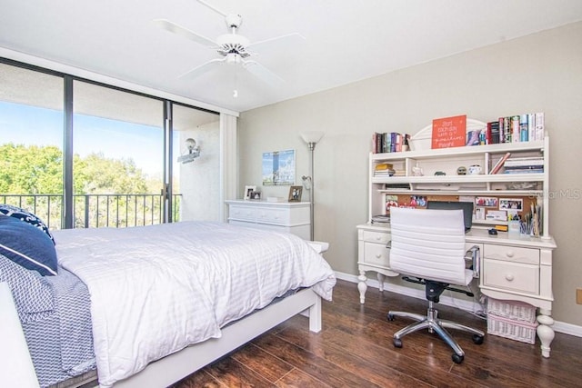 bedroom featuring ceiling fan, access to outside, baseboards, and dark wood finished floors