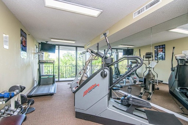 workout area with baseboards, expansive windows, visible vents, and a textured ceiling