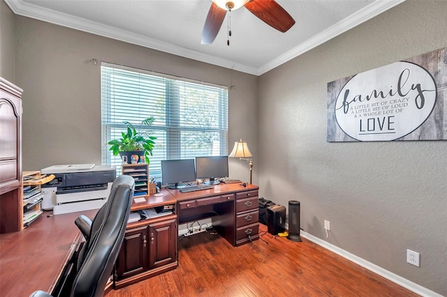 office with a ceiling fan, baseboards, ornamental molding, and wood finished floors