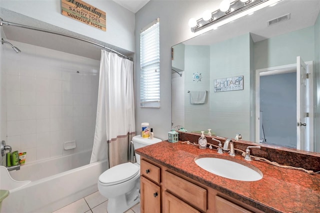 full bathroom featuring shower / tub combo, visible vents, toilet, tile patterned flooring, and vanity