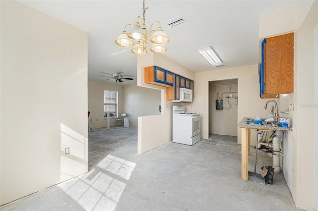 kitchen with white appliances, visible vents, a ceiling fan, light countertops, and unfinished concrete flooring