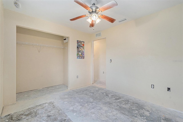 unfurnished bedroom with a ceiling fan, a closet, visible vents, and unfinished concrete flooring