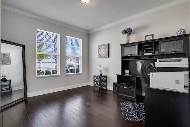 office with ornamental molding, dark wood-style flooring, and baseboards