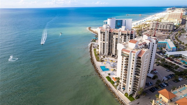 aerial view featuring a view of city, a view of the beach, and a water view