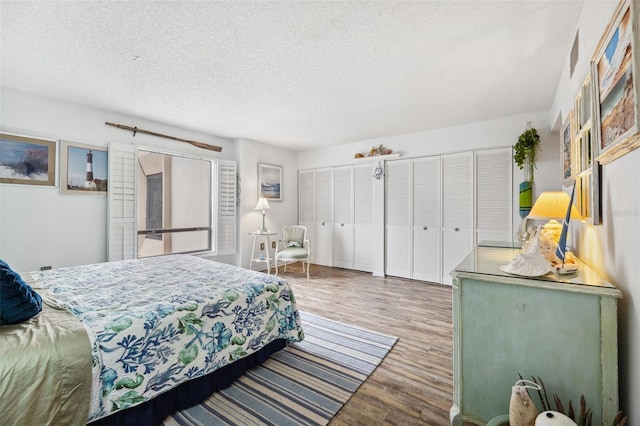 bedroom with wood finished floors, two closets, and a textured ceiling