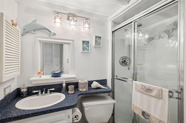 full bath featuring a shower stall, toilet, and vanity