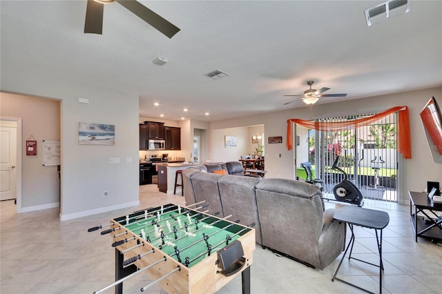 playroom featuring recessed lighting, a ceiling fan, visible vents, and baseboards