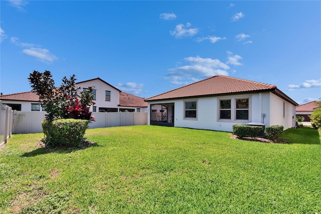 rear view of house with a lawn, a tiled roof, a fenced backyard, and stucco siding