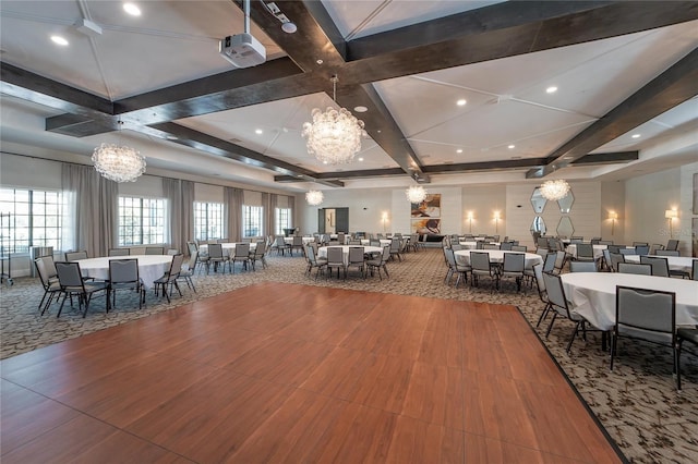dining area featuring beam ceiling, recessed lighting, coffered ceiling, and an inviting chandelier