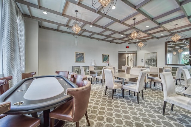 dining space with recessed lighting, a notable chandelier, beam ceiling, and coffered ceiling