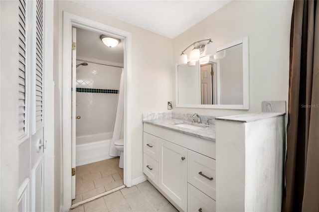 full bathroom featuring shower / bathtub combination with curtain, vanity, toilet, and tile patterned floors