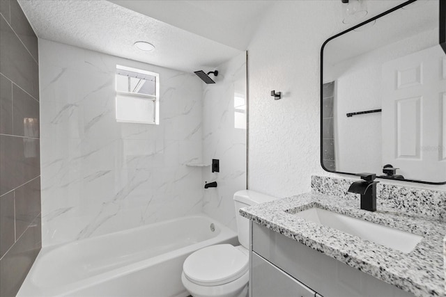 bathroom featuring shower / washtub combination, a textured wall, toilet, a textured ceiling, and vanity