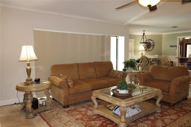 living area featuring visible vents, crown molding, and ceiling fan