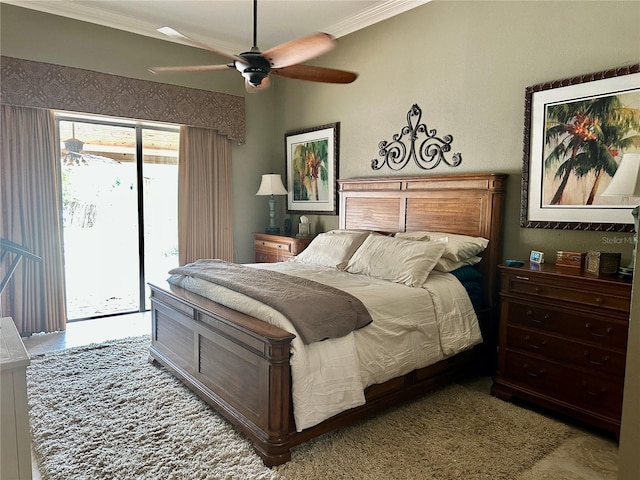 bedroom featuring crown molding, ceiling fan, and access to outside