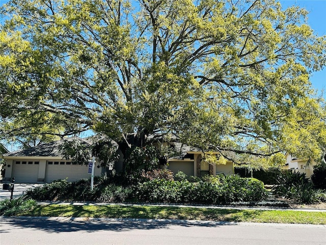 view of property hidden behind natural elements featuring a garage, driveway, and stucco siding