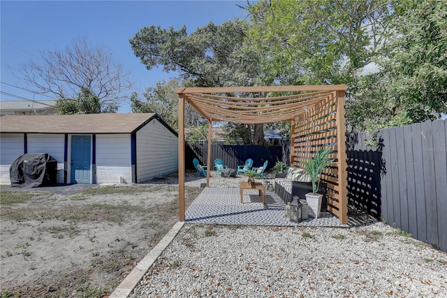 315 40th St S, Saint Petersburg, FL 33711 - exterior space featuring an outbuilding, a patio, a fenced backyard, and a pergola