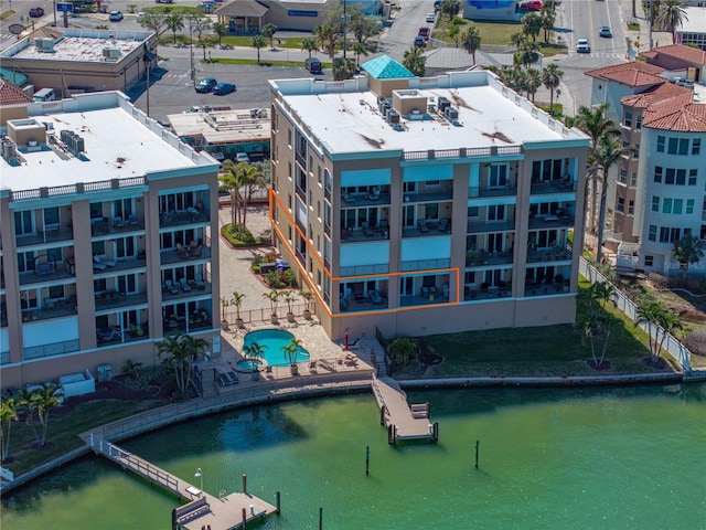 birds eye view of property featuring a water view