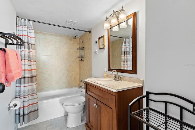 bathroom featuring tile patterned flooring, visible vents, toilet, shower / bath combination with curtain, and vanity