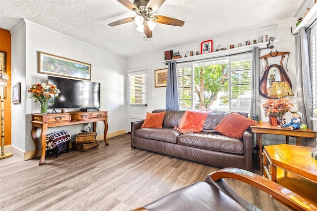 living room with a ceiling fan, a textured ceiling, baseboards, and wood finished floors