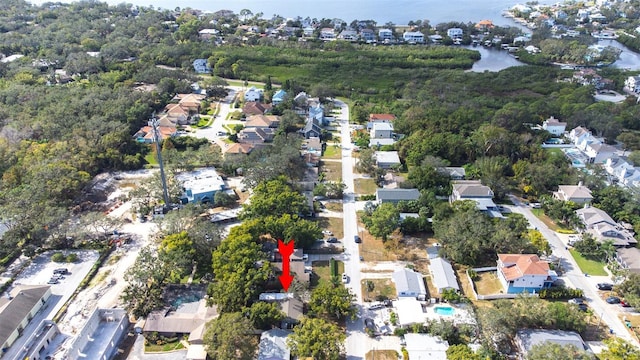 aerial view with a water view and a residential view