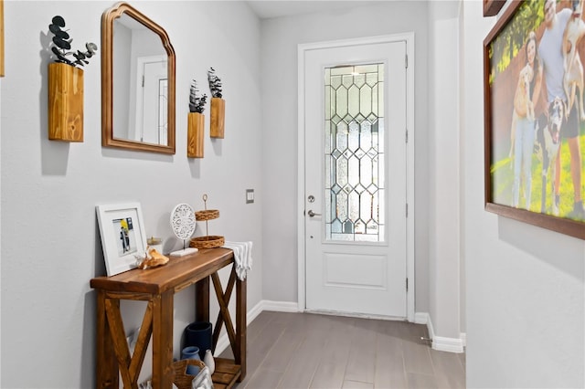 foyer entrance with baseboards and wood finished floors