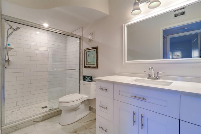 full bathroom with toilet, marble finish floor, a shower stall, and visible vents