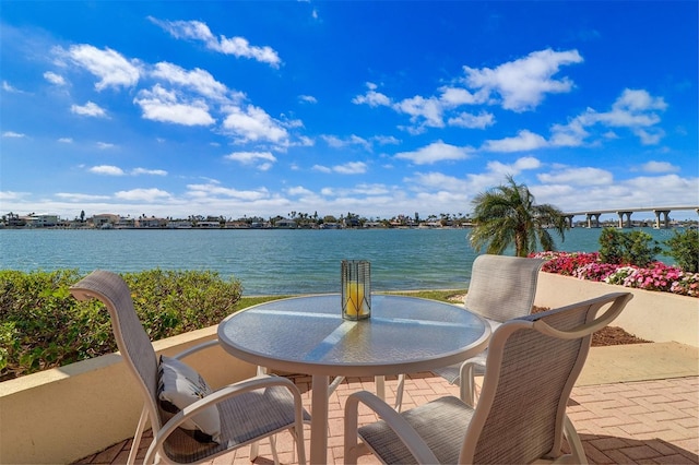 view of patio / terrace featuring a water view