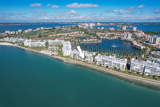 bird's eye view featuring a water view and a view of city