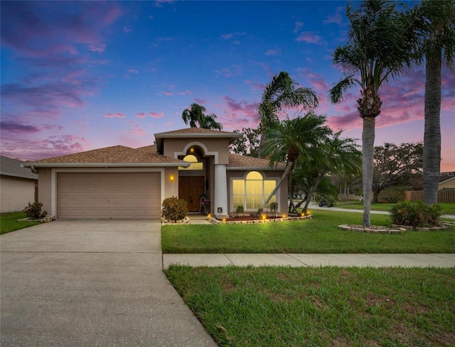 view of front facade featuring driveway, an attached garage, a lawn, and stucco siding