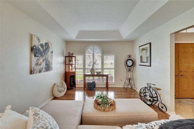 living room with a raised ceiling and baseboards