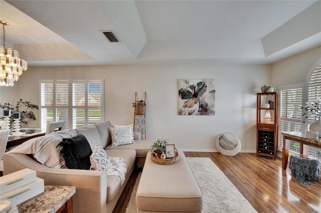 living room featuring wood finished floors, a raised ceiling, and a healthy amount of sunlight