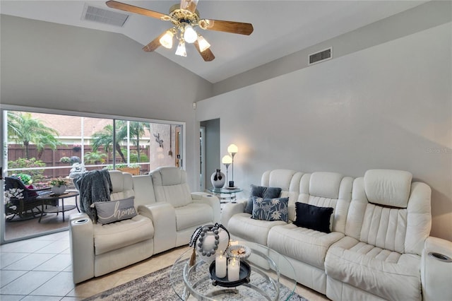 living area featuring light tile patterned floors, ceiling fan, high vaulted ceiling, and visible vents