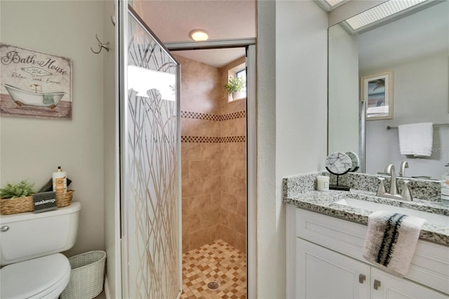 bathroom featuring toilet, a stall shower, and vanity