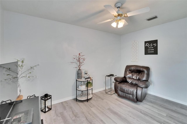 sitting room featuring a ceiling fan, baseboards, visible vents, and wood finished floors