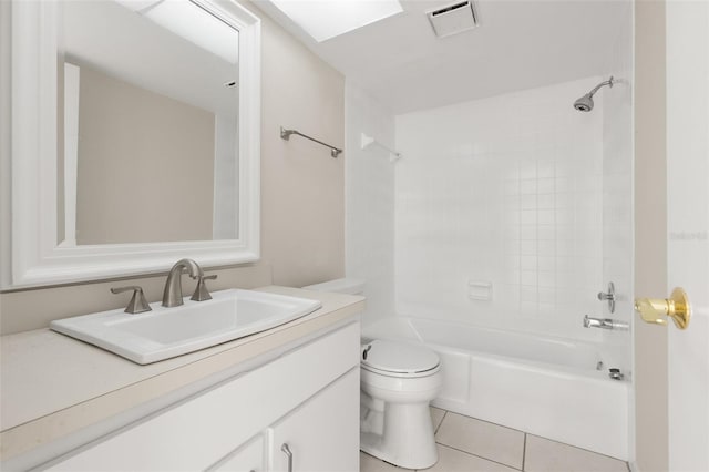 bathroom featuring tile patterned flooring, toilet, vanity, visible vents, and washtub / shower combination