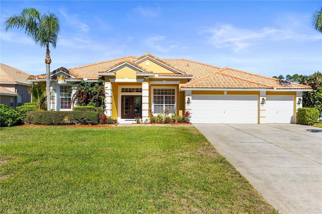 view of front of home featuring french doors, stucco siding, concrete driveway, a garage, and a front lawn