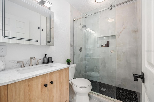 bathroom with toilet, a shower stall, a textured ceiling, and vanity