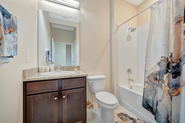 full bathroom featuring shower / tub combo with curtain, toilet, and vanity