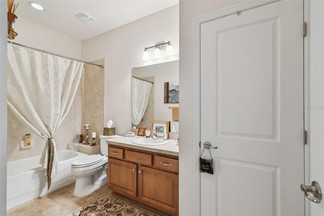 bathroom featuring toilet, shower / tub combo, and vanity