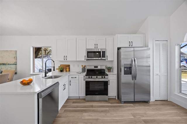 kitchen featuring a peninsula, a sink, white cabinetry, light countertops, and appliances with stainless steel finishes