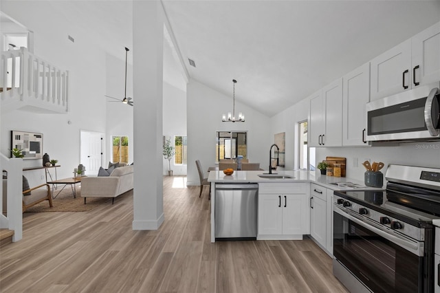 kitchen featuring stainless steel appliances, open floor plan, white cabinets, a sink, and a peninsula