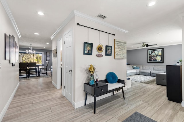 hallway with a chandelier, wood tiled floor, crown molding, and recessed lighting