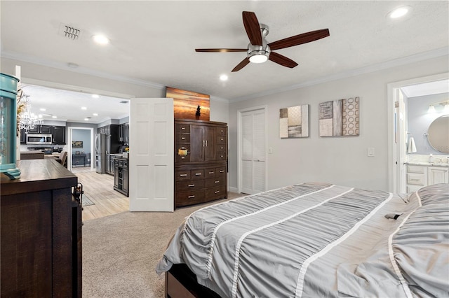 bedroom featuring recessed lighting, ornamental molding, and freestanding refrigerator