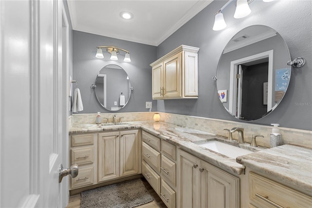 bathroom featuring crown molding, a sink, and double vanity