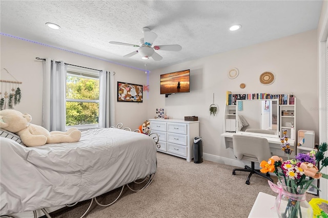 bedroom with light carpet, baseboards, a textured ceiling, and recessed lighting